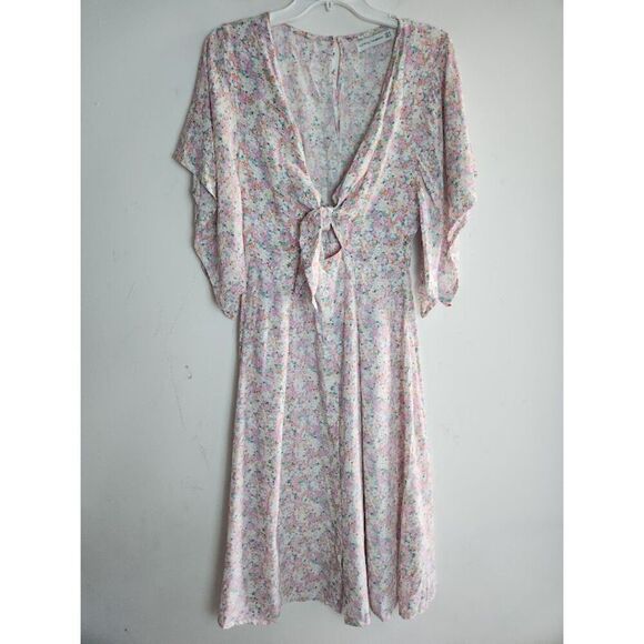 Faithful the Brand "Massimo" Pink Floral Tie Front Flare Sleeve Midi Dress sz 4 - Picture 2 of 11